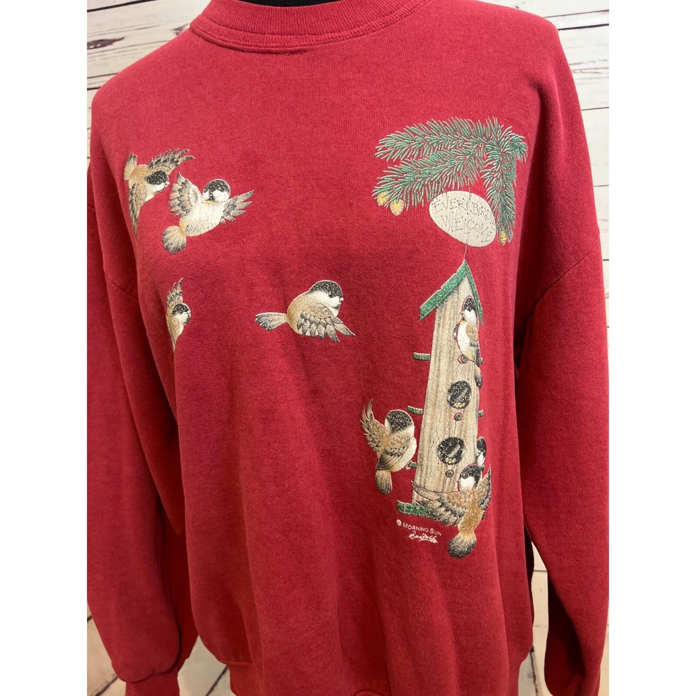 Morning Sun Sweatshirt Large Vintage‎ Chickadee Birdhouse USA Birds Womens
